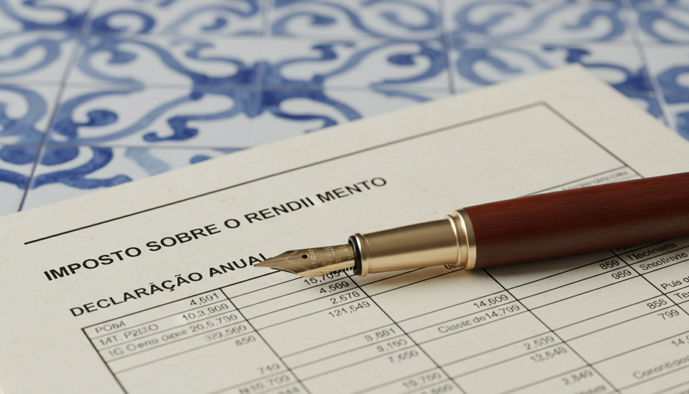 A photorealistic close-up of a fountain pen resting on a structured tax document with a blurred Portuguese tile (azulejo) pattern in the background, symbolizing the blend of finance and Portuguese culture, 8k resolution, professional lighting