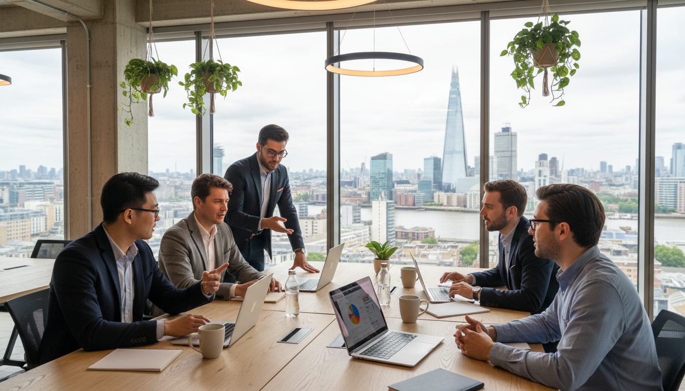 A diverse group of young entrepreneurs in a modern, sunlit co-working space in London, featuring laptops, coffee mugs, and large windows with a view of the Shard in the background, captured in a bright and professional fotorealistic style.