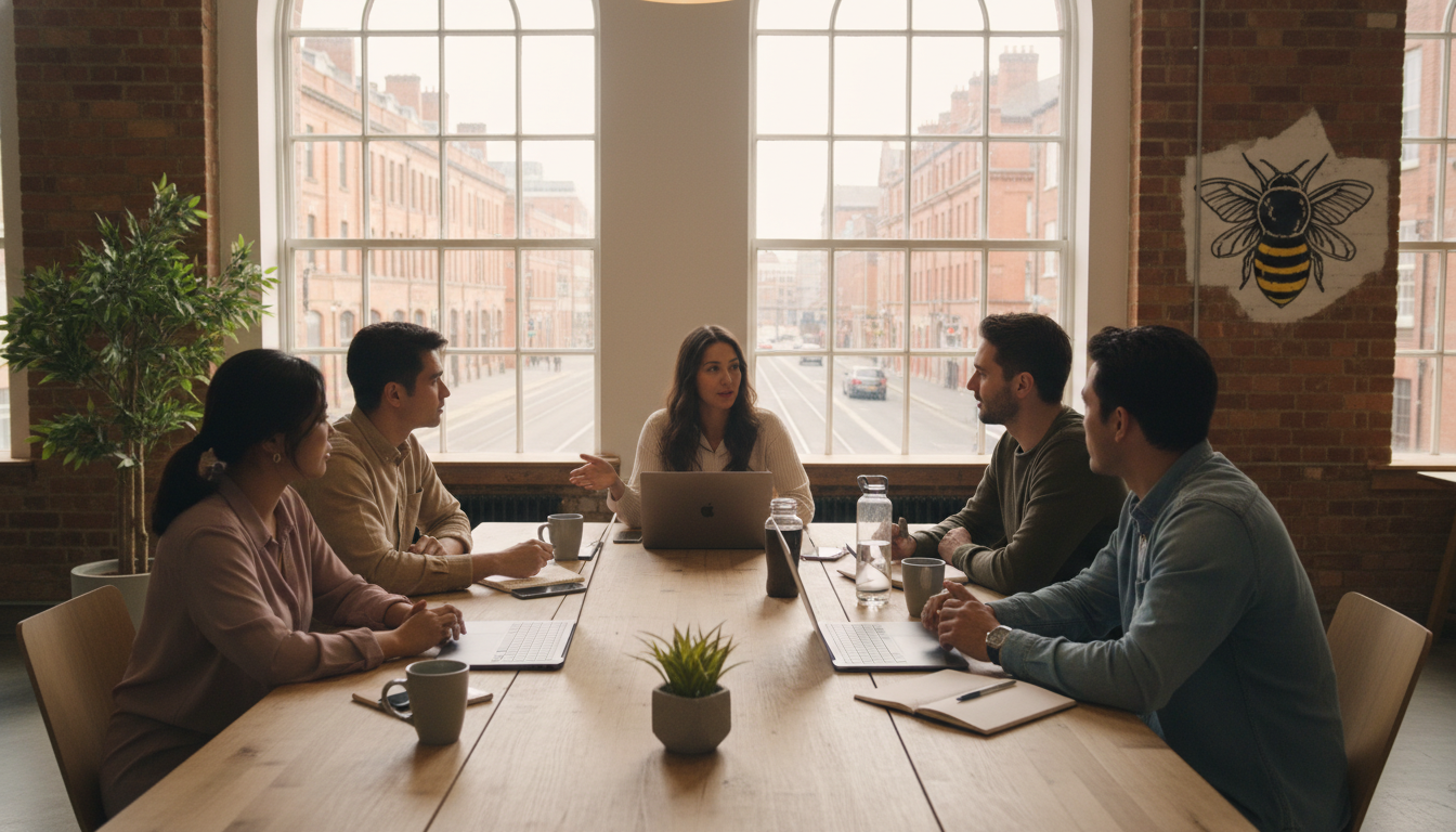 A diverse group of young entrepreneurs having a casual meeting in a modern, sunlit shared workspace in Manchester, high-quality photography, photorealistic style, soft natural lighting, laptop and coffee on the table.