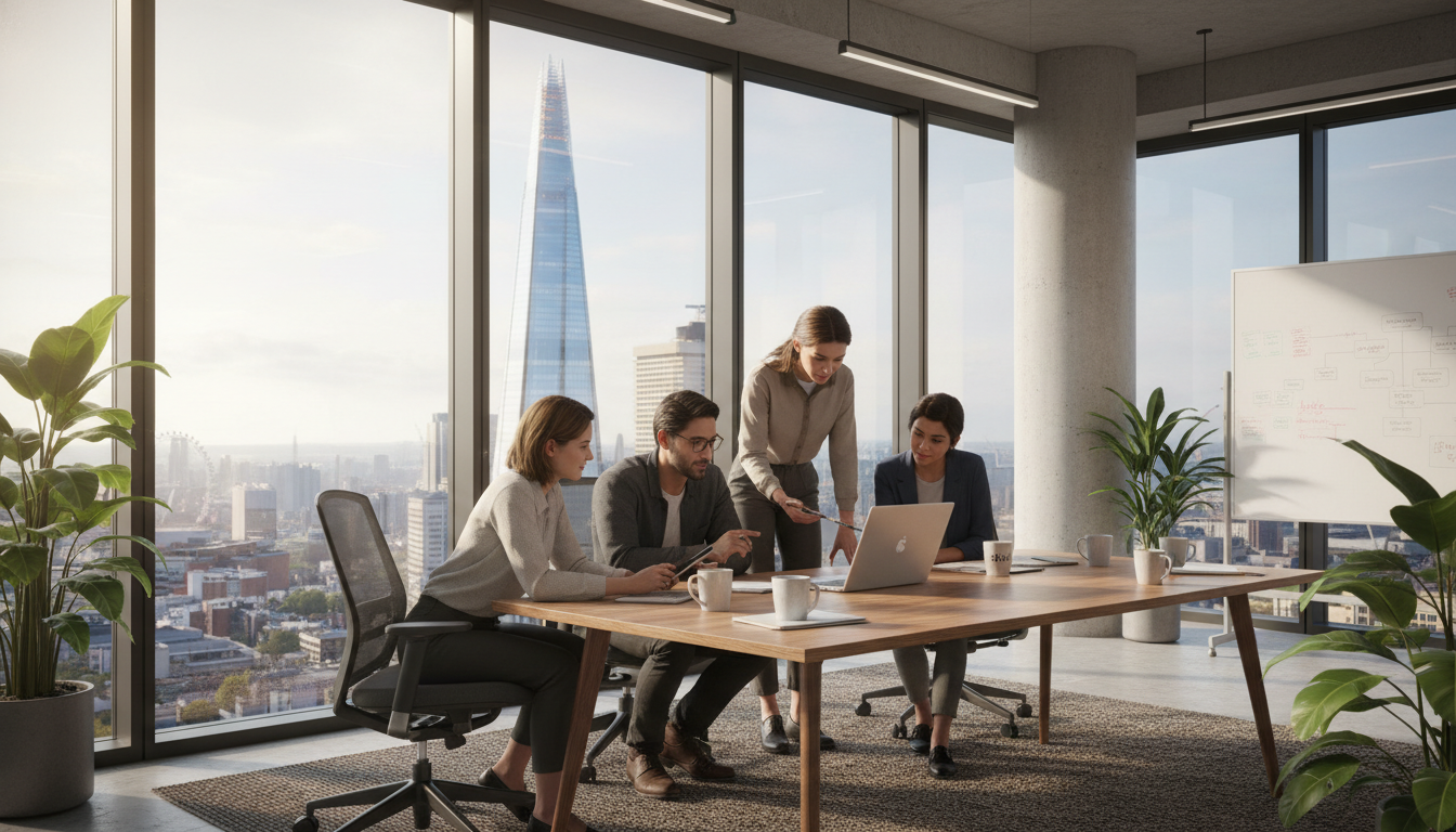 A photorealistic, high-quality image of a modern, sunlit office in London with a view of the Shard through the window, featuring a diverse group of young entrepreneurs collaborating around a laptop and coffee cups.