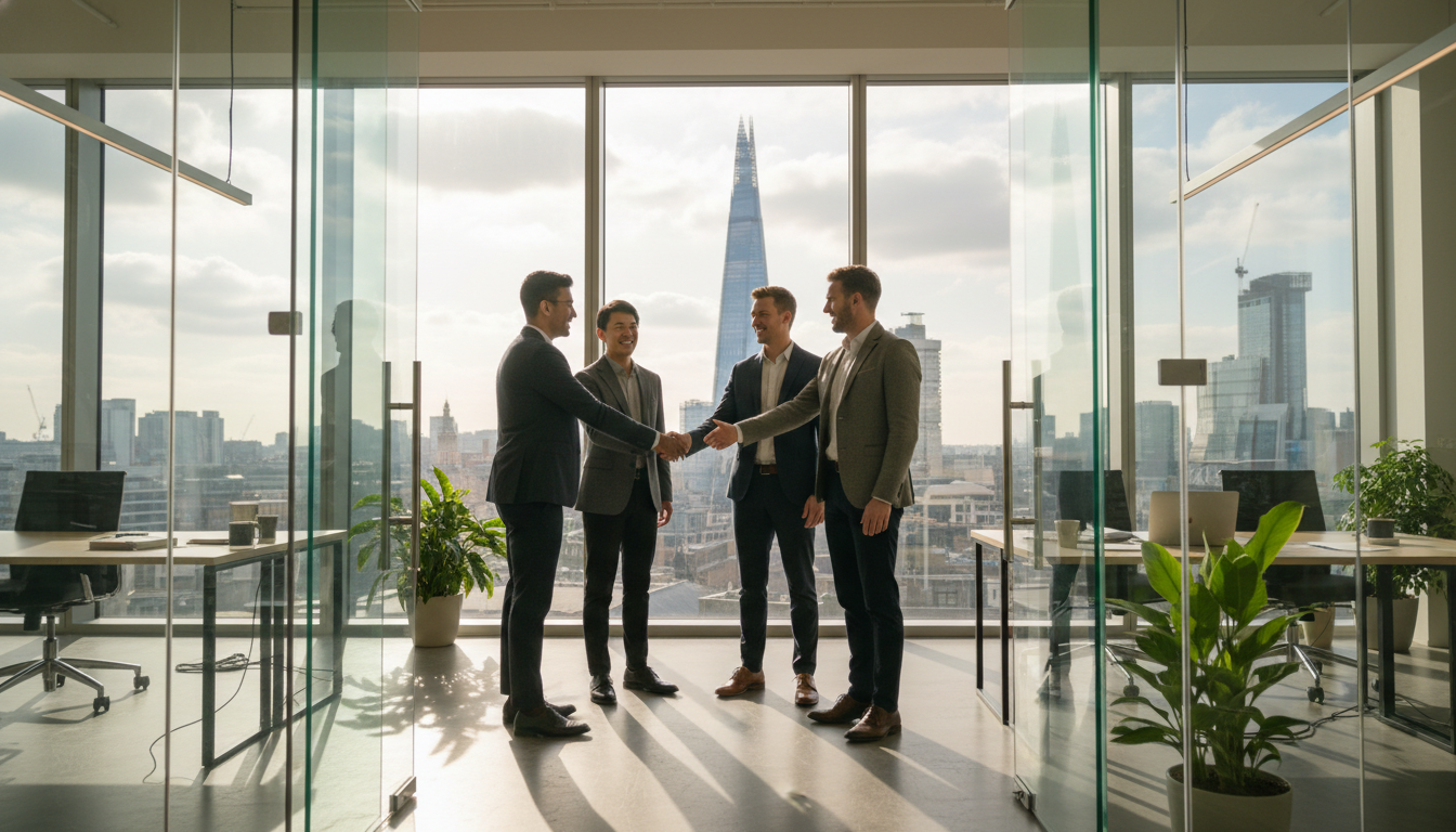 A photorealistic and professional wide-angle shot of a diverse group of young entrepreneurs shaking hands in a bright, modern glass-walled office in London with the Shard and city skyline visible in the background, cinematic natural lighting, 8k resolution