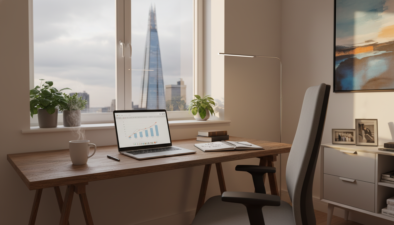 A high-quality, photorealistic image of a modern, bright home office in London with a view of the Shard through the window. A laptop is open on a wooden desk next to a steaming cup of coffee and a notebook with the words 'UK Business Plan' written on it. The lighting is warm and inviting, capturing an entrepreneurial vibe.