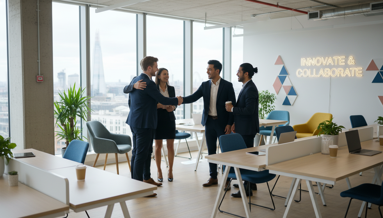 A diverse group of young entrepreneurs shaking hands in a bright, modern co-working space in London with large windows and minimalist decor, high resolution, photorealistic style