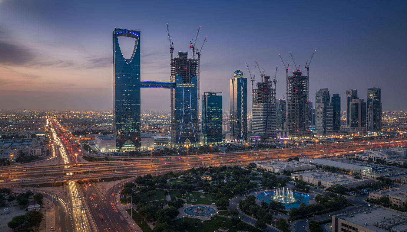 A photorealistic, wide-angle shot of the futuristic Riyadh skyline at dusk, highlighting modern skyscrapers like the Kingdom Centre alongside construction cranes, symbolizing rapid economic growth and business development.