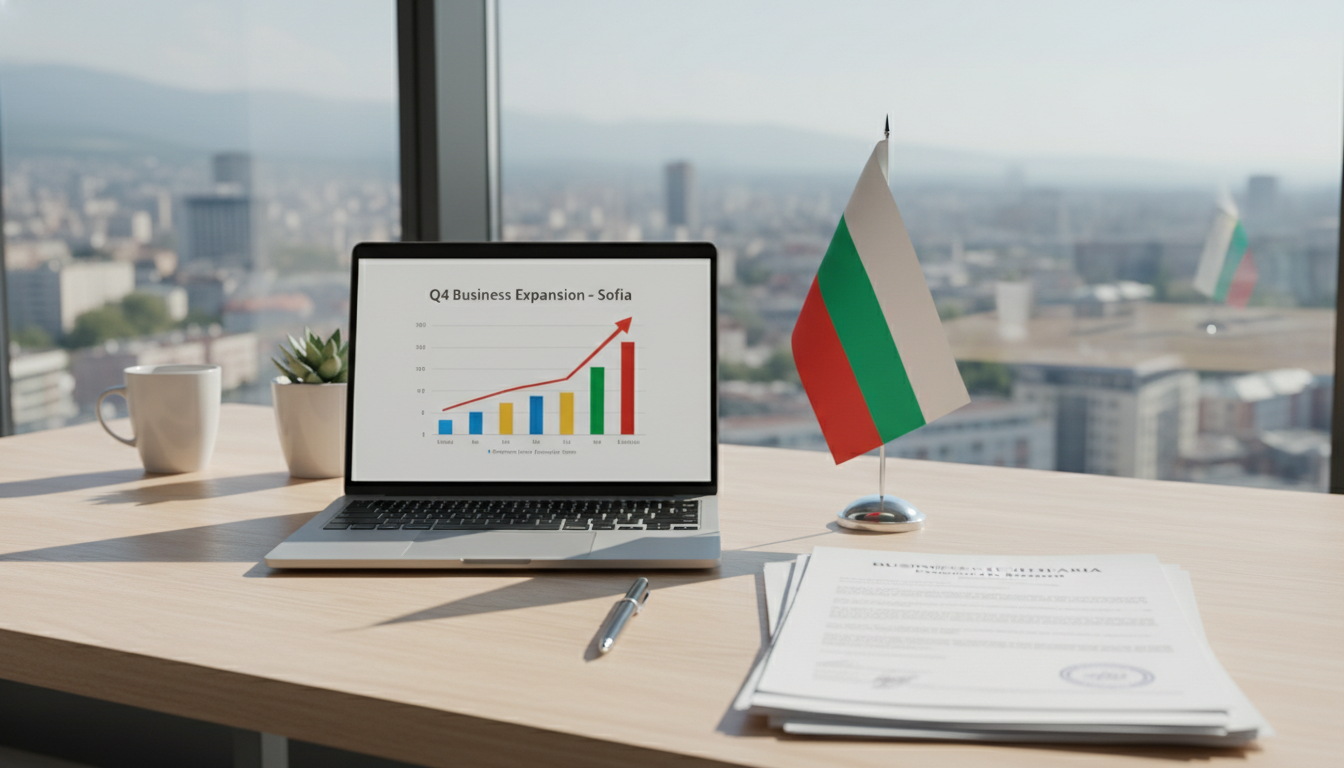 A modern, sunlit office desk in Sofia featuring a laptop displaying a business growth chart, legal documents with a 'Business Registration' header, and a small Bulgarian flag on the side, photorealistic, 4k resolution.