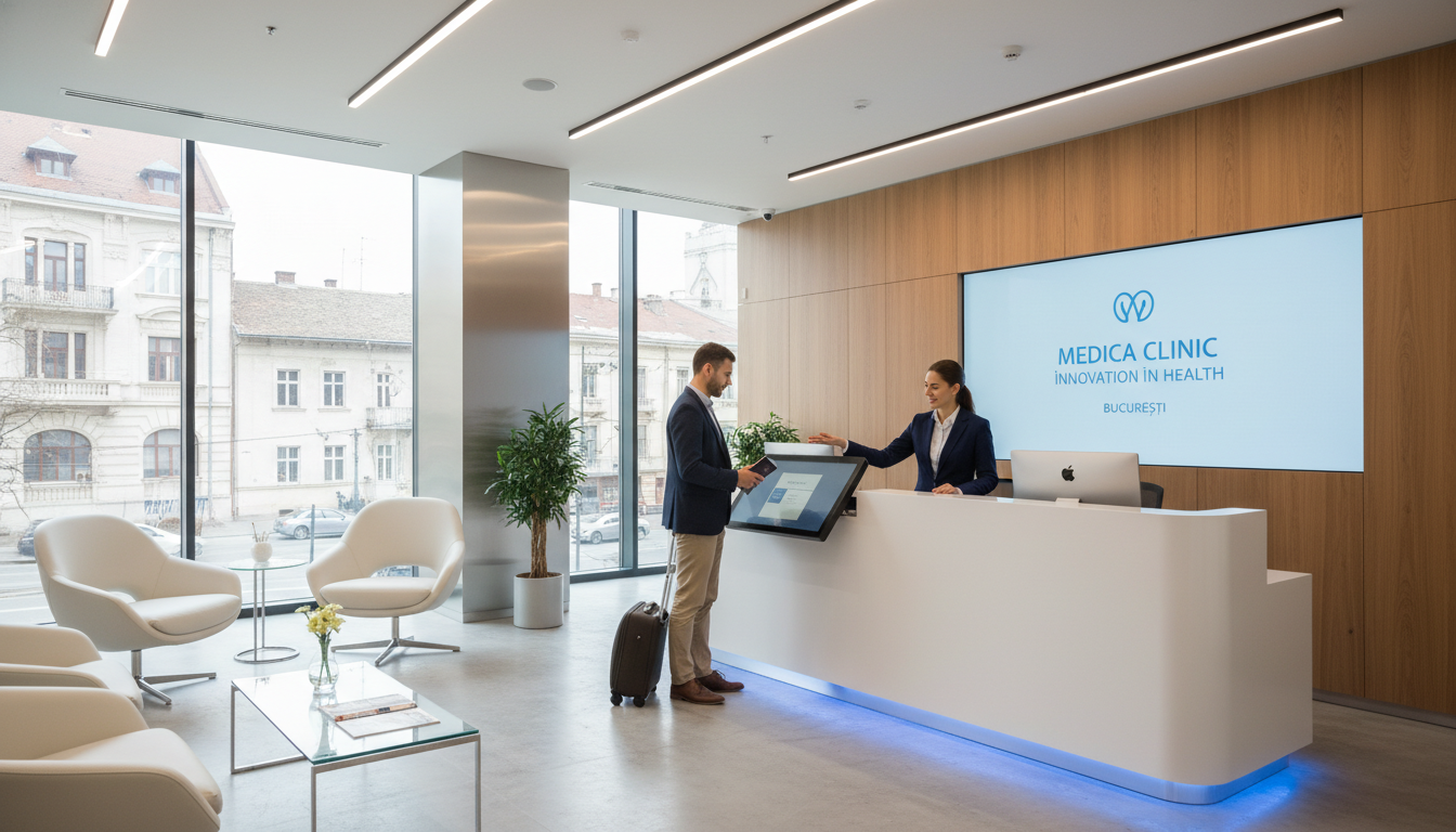 A photorealistic image of a modern, well-lit private medical clinic reception area in Bucharest, with professional staff assisting an international client, showcasing clean and high-tech interior design.