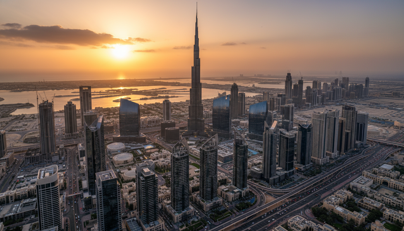 A photorealistic, wide-angle aerial shot of the Dubai skyline during the golden hour, highlighting the Burj Khalifa and the Downtown area with futuristic architecture and bustling city life, signifying economic growth and prosperity.