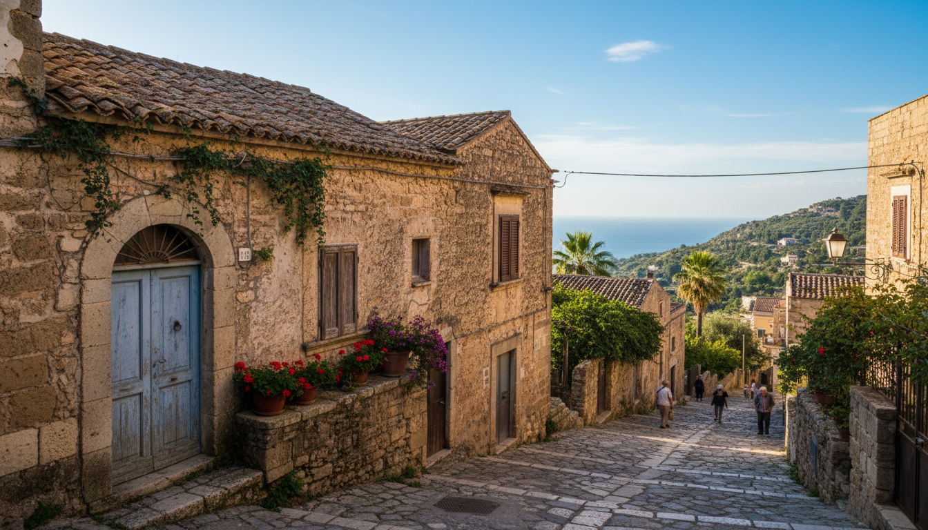 A picturesque, slightly dilapidated stone house in a sun-drenched Italian hill town in Sicily, featuring terracotta roof tiles, climbing ivy, and narrow cobblestone streets, photorealistic style, 8k resolution