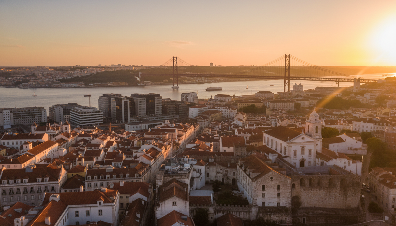 A photorealistic, high-angle shot of the Lisbon skyline at sunset, featuring the 25 de Abril Bridge and historic architecture, symbolizing the blend of tradition and modern opportunity in Portugal. Professional and warm lighting.