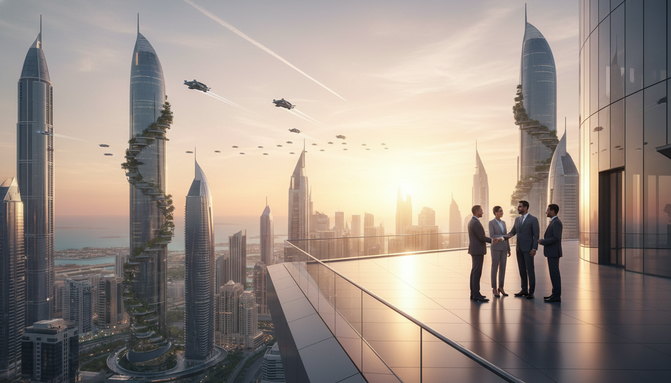 A photorealistic, futuristic wide shot of the Dubai skyline in 2026 during the golden hour, featuring advanced architectural skyscrapers, flying taxis in the distance, and a diverse group of business professionals shaking hands on a high-rise terrace, cinematic lighting, 8k resolution