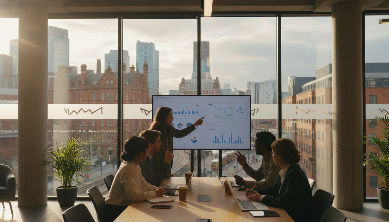 A diverse group of young entrepreneurs collaborating in a modern, glass-walled co-working space in Manchester, photorealistic, cinematic lighting, 8k resolution