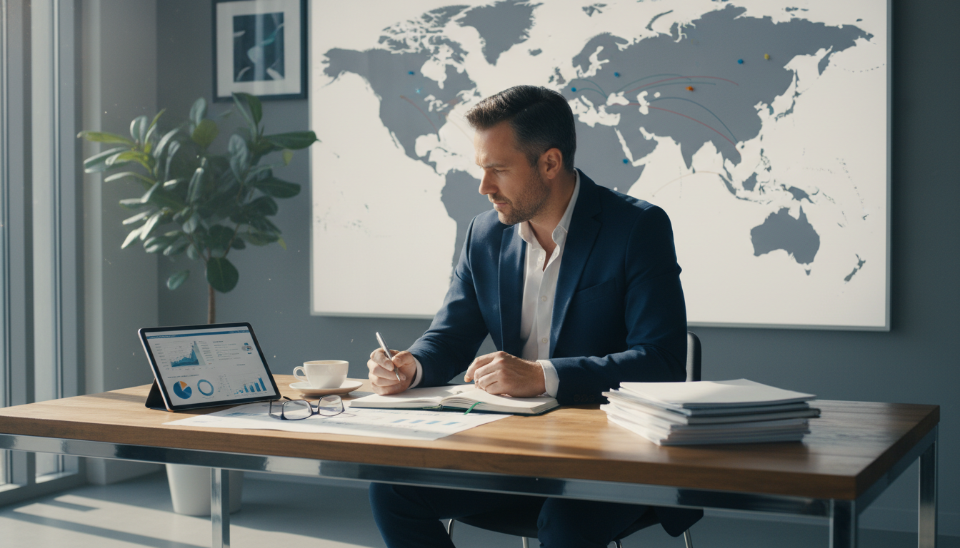 A photorealistic image of a professional expatriate sitting at a modern desk reviewing a world map and financial documents, natural lighting, high resolution, signifying strategic planning