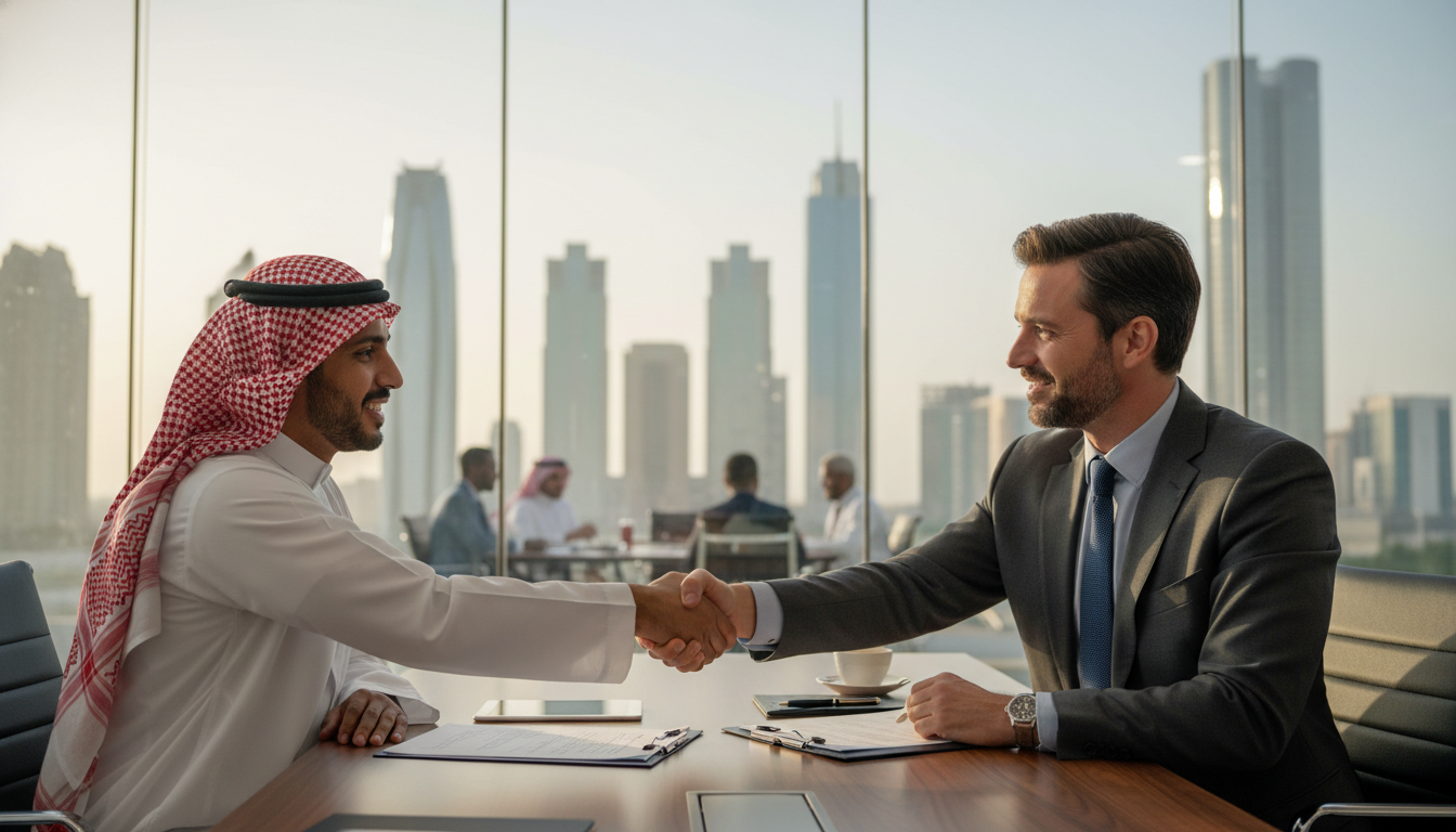 A photorealistic close-up of a professional business meeting in a modern glass-walled office in Riyadh. A Saudi businessman in traditional thobe and ghutra is shaking hands with a western business executive in a suit, signing documents on a sleek table.