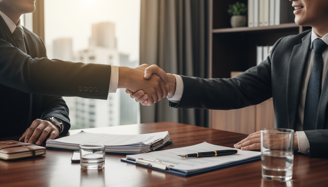 A close-up shot of a professional handshake between a foreign businessman and a legal advisor over a wooden conference table, with signed contracts and a pen in the foreground, creating a sense of trust and successful partnership, photorealistic style.