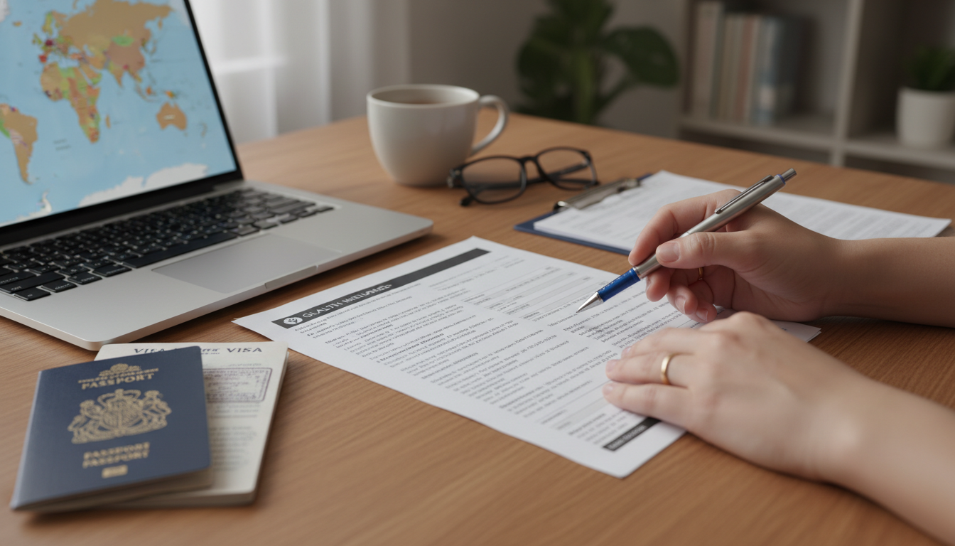 A detailed close-up shot of a pair of hands holding a pen, reviewing a health insurance policy document on a wooden desk with a laptop and a passport nearby, symbolizing expat planning.