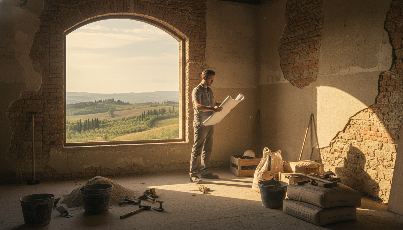 Interior view of an Italian rustic house under renovation, showing exposed brick walls, construction tools, bags of cement, and an architect reviewing blueprints near a window with a view of the Italian countryside, photorealistic, cinematic lighting