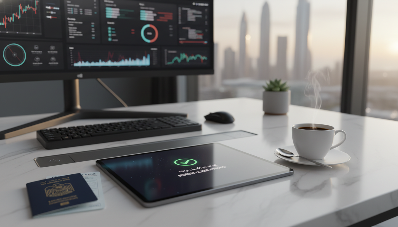 A close-up, photorealistic image of a modern desk setup in a high-tech Dubai office, showing a digital tablet displaying a 'Business License Approved' notification, alongside a passport and a cup of coffee, symbolizing the ease of doing business in 2026, soft office lighting